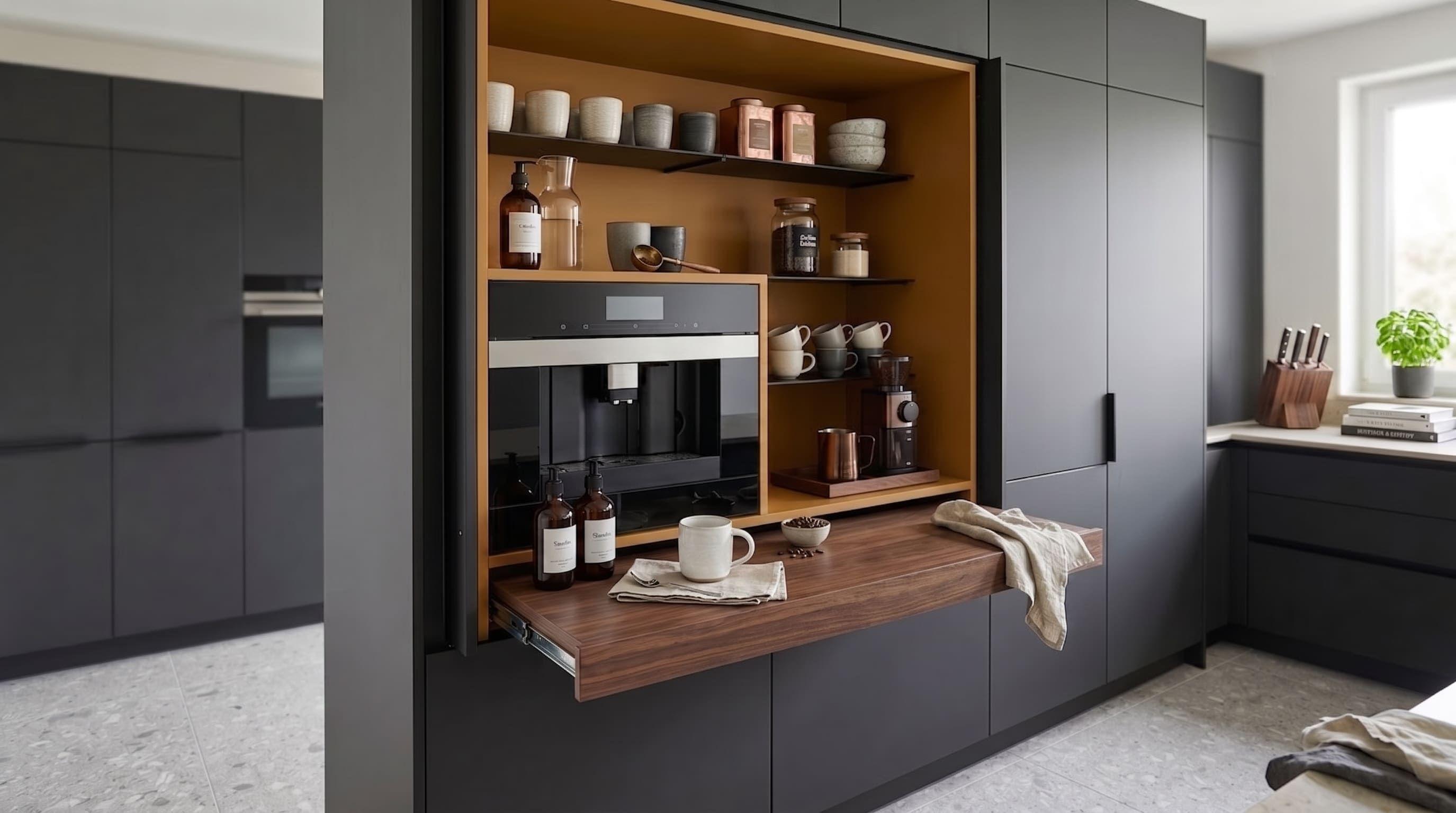 Offene Kaffeestation mit Tablarauszug und eingebautem Kaffeevollautomaten.