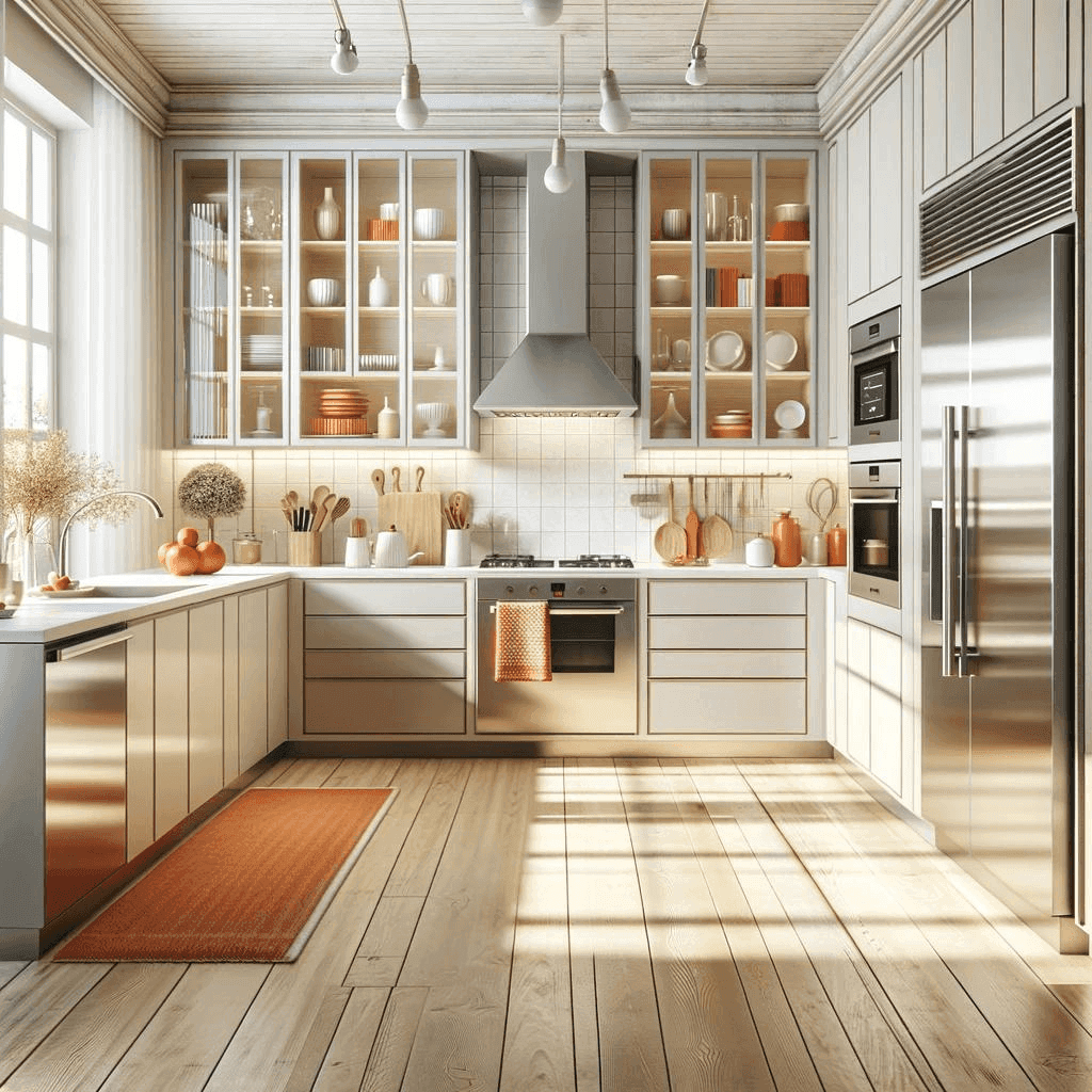 Moderne weiße Küche mit orangenen Akzenten