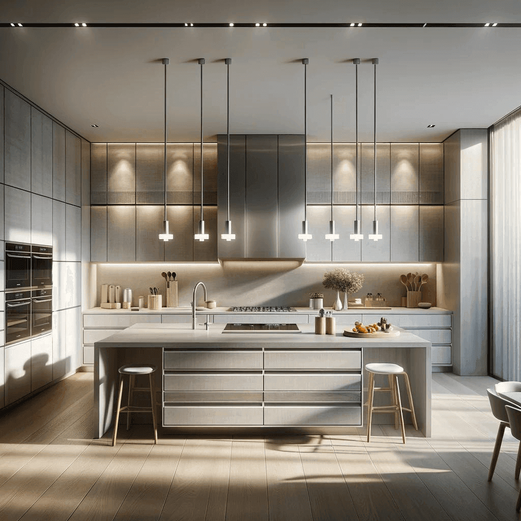 Moderne Küche mit grauer Kochinsel