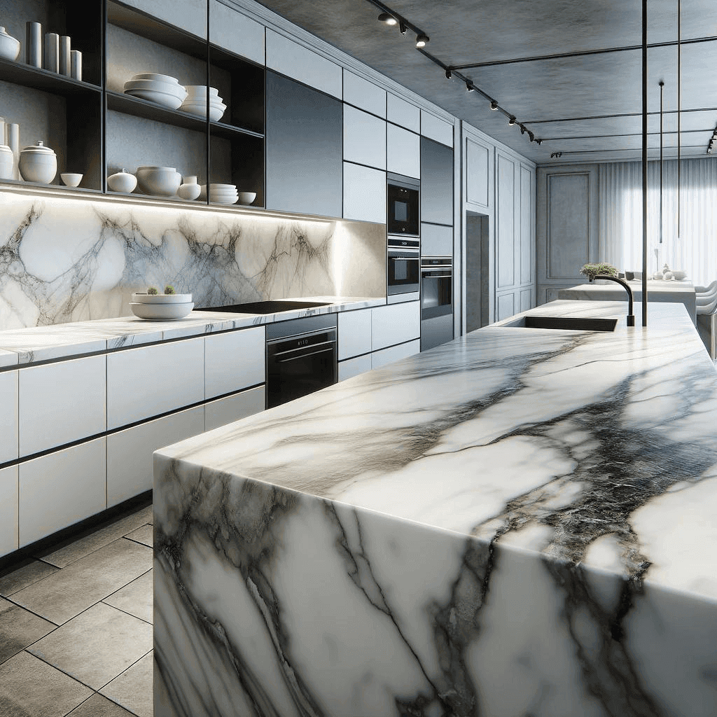 weiße Küche mit Marmor-Imitat Arbeitsplatten aus Keramik