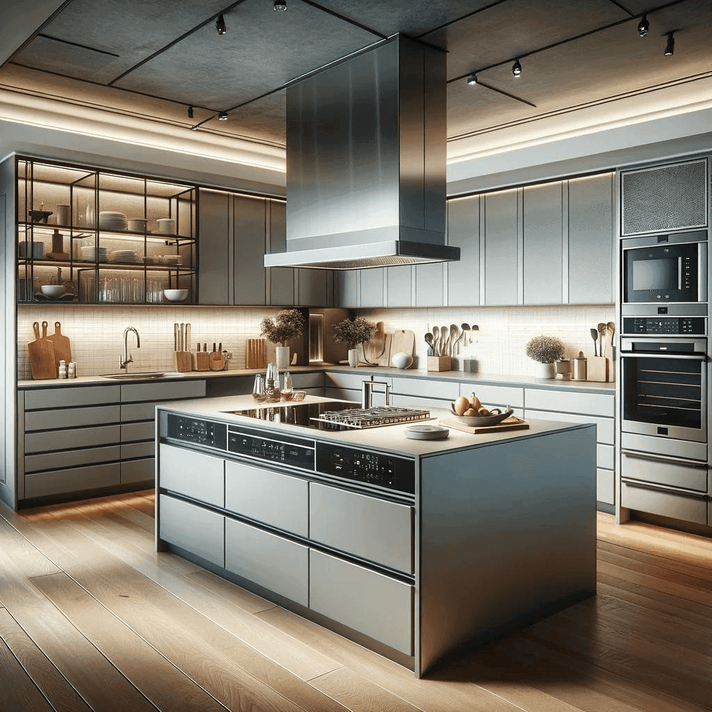 Moderne hellgraue Küche mit Kochinsel